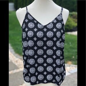 Bleuh Ciel pattern tank top with detailed crisscross back